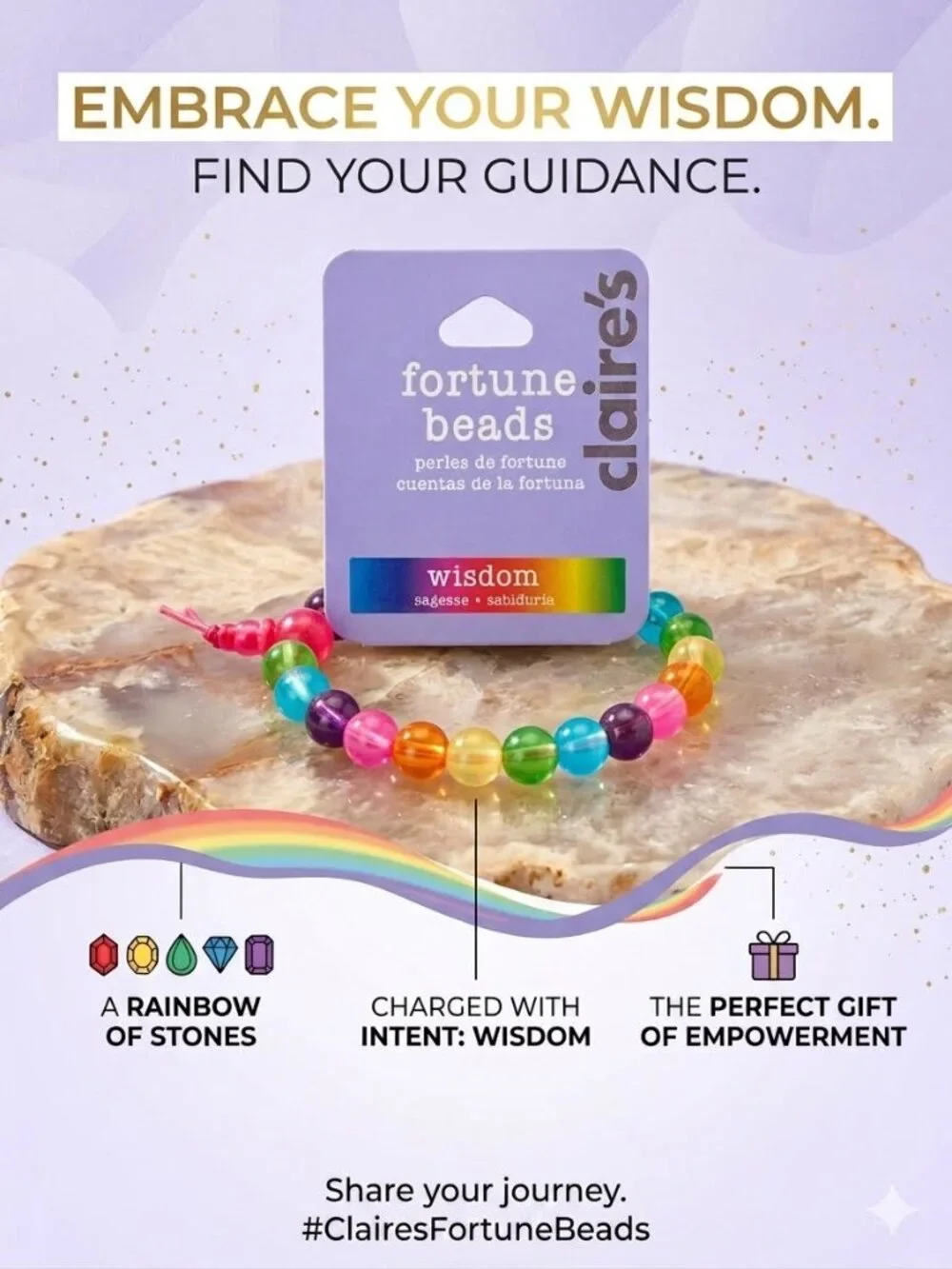 Claire's Kids Rainbow Bead Bracelet with 'Wisdom' Tag - Multicolor